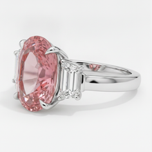 Afbeelding in Gallery-weergave laden, Padparadscha saffier ring 3,6 karaat echte ovaal en witte trapeze driesteens platina
