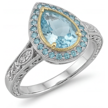 Afbeelding in Gallery-weergave laden, Paraiba Toermalijn Druppelvormig Halo Verlovingsring in Bicolor 14K Goud – zijaanzicht
