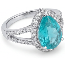 Afbeelding in Gallery-weergave laden, Halo Verlovingsring 14K Witgoud met Paraiba Toermalijn – hoekaanzicht
