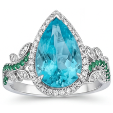 Afbeelding in Gallery-weergave laden, Paraiba Toermalijn Halo Verlovingsring 5,75 karaat 14K Witgoud – hoekaanzicht
