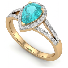 Afbeelding in Gallery-weergave laden, Peervormig Paraiba Toermalijn ring in Bicolor 14K Goud – profielaanzicht
