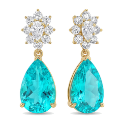 Paraiba toermalijn oorbellen 5 karaat labgekweekt peervormig cluster klapsluiting 14k geelgoud
