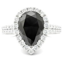 Afbeelding in Gallery-weergave laden, Zwarte diamanten ring 6 karaat natuurlijke peervorm halo 14k witgoud
