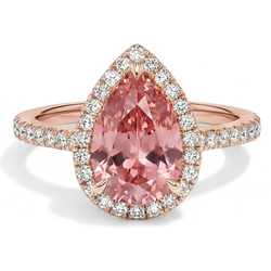 Verlovingsring met perzikkleurige saffier 2,8 karaat echte peervormige padparadscha halo pavé 14K roségoud