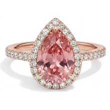 Afbeelding in Gallery-weergave laden, Verlovingsring met perzikkleurige saffier 2,8 karaat echte peervormige padparadscha halo pavé 14K roségoud
