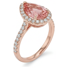 Afbeelding in Gallery-weergave laden, Perziksaffier ring 2,8 karaat echte peervormige padparadscha halo pavé 14k roségoud
