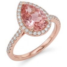 Afbeelding in Gallery-weergave laden, Verlovingsring met perzikkleurige saffier 2,8 karaat echte peervormige padparadscha halo pavé 14K roségoud
