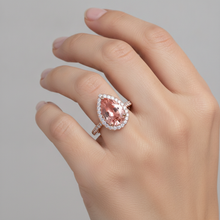 Afbeelding in Gallery-weergave laden, Perziksaffier ring 2,8 karaat echte peervormige padparadscha halo pavé 14k roségoud
