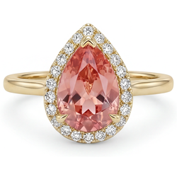 Ring met 2,8 karaat natuurlijke peervormige roze padparadscha saffier, halo en gladde band in 14k geelgoud