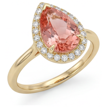 Afbeelding in Gallery-weergave laden, Ring met 2,8 karaat natuurlijke peervormige roze padparadscha saffier, halo en gladde band in 14k geelgoud
