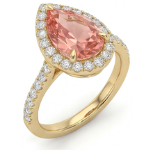 Afbeelding in Gallery-weergave laden, Perzikkleurige Saffier 2,8 Karaat Echte Peervormige Padparadscha Halo Pavé Ring 14K Geelgoud
