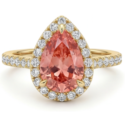 Perzikkleurige Saffier 2,8 Karaat Echte Peervormige Padparadscha Halo Pavé Ring 14K Geelgoud