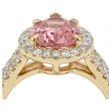 Afbeelding in Gallery-weergave laden, Halo-ring met gespleten scheen en 2,8 karaat echte peervormige padparadscha perziksaffier in 14k geelgoud
