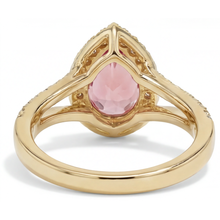 Afbeelding in Gallery-weergave laden, Halo-ring met gespleten scheen en 2,8 karaat echte peervormige padparadscha perziksaffier in 14k geelgoud
