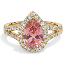 Halo-ring met gespleten scheen en 2,8 karaat echte peervormige padparadscha perziksaffier in 14k geelgoud