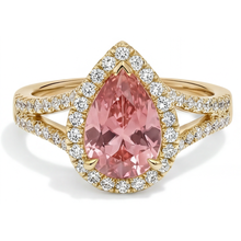Afbeelding in Gallery-weergave laden, Halo-ring met gespleten scheen en 2,8 karaat echte peervormige padparadscha perziksaffier in 14k geelgoud
