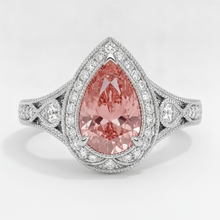 Afbeelding in Gallery-weergave laden, Padparadscha Saffier Ring 3,1 Karaat Echte Peervorm Halo Vintage 14k Witgoud
