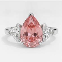 Afbeelding in Gallery-weergave laden, Platina driesteensring met 3,6 karaat echte peervormige padparadscha saffier en witte triljant
