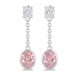 Lange hangoorbellen met 2,5 karaat labgekweekte roze diamant, ovale lunette, 14k witgoud