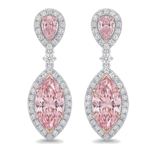 Afbeelding in Gallery-weergave laden, Roze diamanten oorhangers 3,5 karaat labgekweekt marquise halo 14k witgoud
