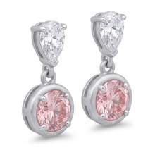 Afbeelding in Gallery-weergave laden, Hangoorbellen met roze diamant 3 karaat labgekweekt ronde lunette peervormige toppen 14k witgoud
