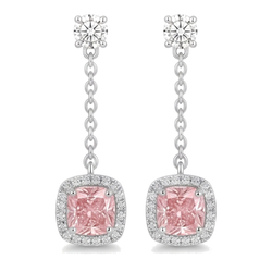 Roze diamanten oorhangers 3 karaat labgekweekt kussenvorm halo 14k witgoud