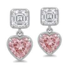Afbeelding in Gallery-weergave laden, Roze diamanten oorhangers 4,5 karaat labgekweekt hartvorm milgrain Asscher-bovenzijde 14k witgoud

