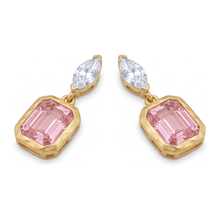 Afbeelding in Gallery-weergave laden, Roze diamanten oorhangers 4 karaat labgekweekt smaragdslijpsel lunette marquise-bovenzijde 14k geelgoud

