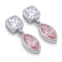 Afbeelding in Gallery-weergave laden, Roze diamanten oorhangers 4 karaat labgekweekt marquise lunette kussenvormige bovenzijde 14k witgoud
