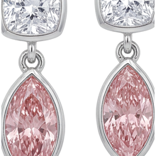 Afbeelding in Gallery-weergave laden, Roze diamanten oorhangers 4 karaat labgekweekt marquise lunette kussenvormige bovenzijde 14k witgoud
