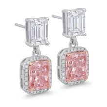 Afbeelding in Gallery-weergave laden, Oorhangers met roze diamant, 5 karaat labgekweekt, radiant halo, smaragdslijpsel bovenzijde, 14k witgoud

