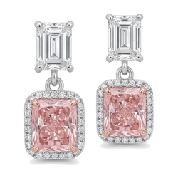 Oorhangers met roze diamant, 5 karaat labgekweekt, radiant halo, smaragdslijpsel bovenzijde, 14k witgoud