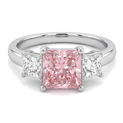Roze diamanten ring 4,5 karaat labgekweekt princess driesteens 14k witgoud