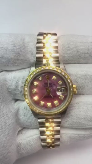 Rolex dames 18K geelgouden diamanten horloge met roze wijzerplaat