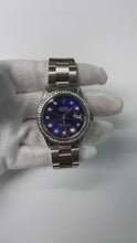 Video laden en afspelen in Gallery-weergave, Rolex Datumjust blauwe diamant wijzerplaat lunette roestvrij staal Oester SNELLE INSTELLING
