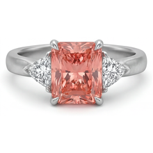Afbeelding in Gallery-weergave laden, Driesteens ring met echte padparadschasaffier van 2,9 karaat, radiant- en witte trilliantgeslepen, 14-karaats goud
