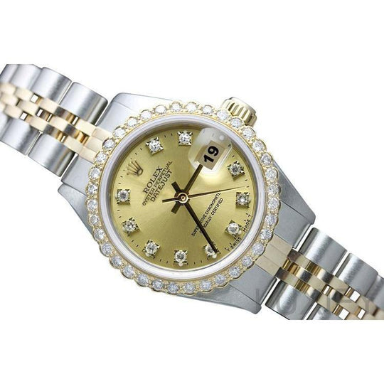 roestvrij staal & Gouden Armband Rolex Datumjust Horloge Champagne Diamanten Lunette
