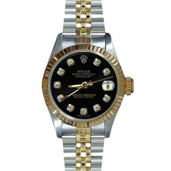 roestvrij staal & goud gecanneleerd Datumjust dameshorloge Zwarte diamanten wijzerplaat Rolex