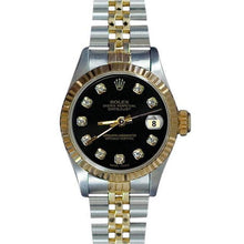 Afbeelding in Gallery-weergave laden, roestvrij staal &amp; goud gecanneleerd Datumjust dameshorloge Zwarte diamanten wijzerplaat Rolex

