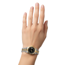 Afbeelding in Gallery-weergave laden, roestvrij staal &amp; goud gecanneleerd Datumjust dameshorloge Zwarte diamanten wijzerplaat Rolex
