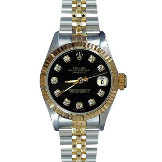 roestvrij staal & goud gecanneleerd Datumjust dameshorloge Zwarte diamanten wijzerplaat Rolex
