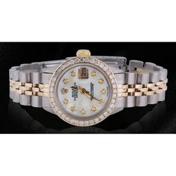 roestvrij staal gouden Rolex Datumjust dameshorloge met diamanten wijzerplaat en kanaalset rand