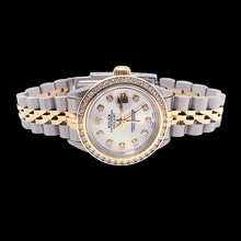 Afbeelding in Gallery-weergave laden, roestvrij staal gouden Rolex Datumjust dameshorloge met diamanten wijzerplaat en kanaalset rand
