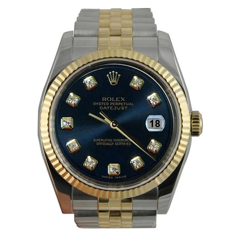 roestvrij staal & gouden jubileum Rolex Datumjust herenhorloge met blauwe gecanneleerde rand snel ingesteld
