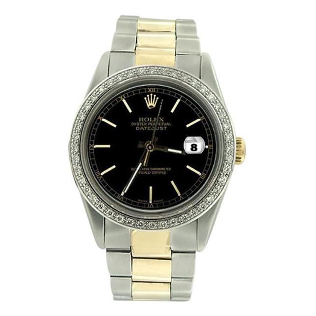 roestvrij staal & gouden oesterarmband Datumjust Rolex-horloge met zwarte stok-wijzerplaat
