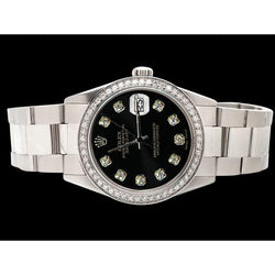roestvrij staal oesterarmband Rolex-horloge Zwarte diamanten wijzerplaat rand Datumjust