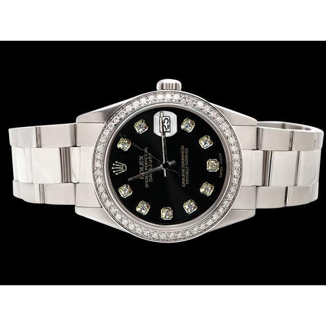 roestvrij staal oesterarmband Rolex-horloge Zwarte diamanten wijzerplaat rand Datumjust
