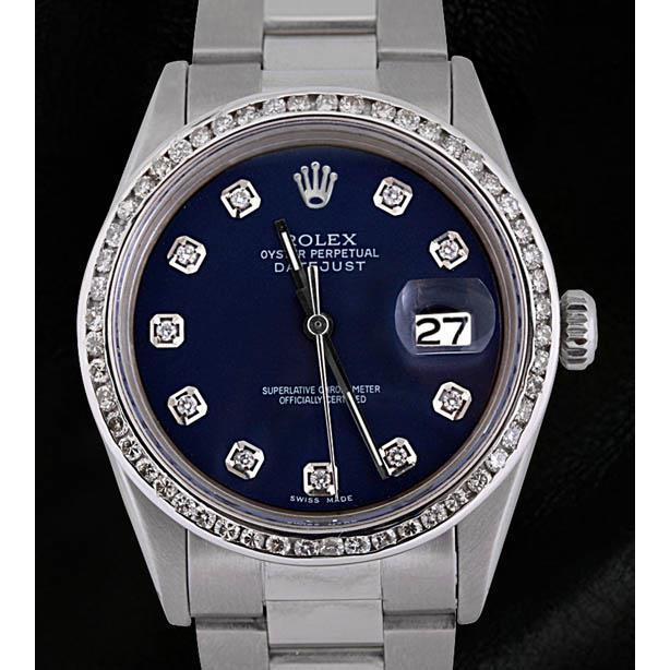 roestvrij staal oesterarmband Rolex Datumjust herenhorloge blauwe diamanten wijzerplaat snel ingesteld
