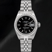 Afbeelding in Gallery-weergave laden, Rolex Date 6924 26mm Horloge met Zwarte Wijzerplaat met Streepindexen, Roestvrij Staal en Jubilee-armband
