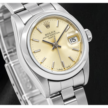 Afbeelding in Gallery-weergave laden, Rolex Date 79160 26mm Champagne Wijzerplaat met Streepindexen Gladde Lunette Roestvrij Staal Horloge
